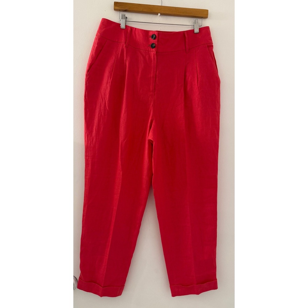 NWT Boden Pink Linen Trousers High Waisted Pleated Cuffed Pants US 12R Preppy